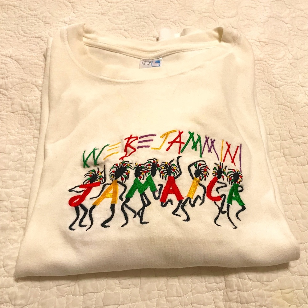 Unisex white t-shirt embroidered with “We be Jammin” & “Jamaica” (4XL)
